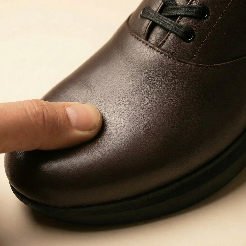 Thumb pressing into butter-soft full-grain leather upper