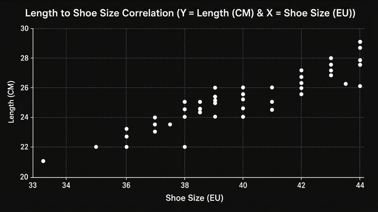 Scatter plot showing foot length does not strongly correlate with European shoe size